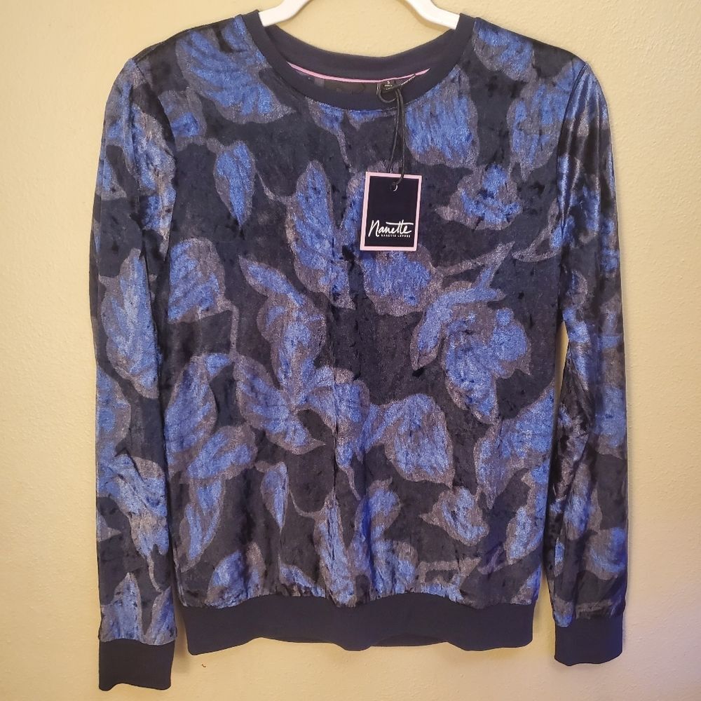 Nanette Lepore Whimsigoth Blue Floral Velvet Crewneck Sweatshirt S NWT